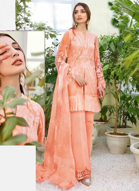 Peach Colour KHAYYIRA MAHGUL Designer Festive Wear Butterfly Net Embroidered With Frill Pakistani Salwara Suit Collection 2001-C